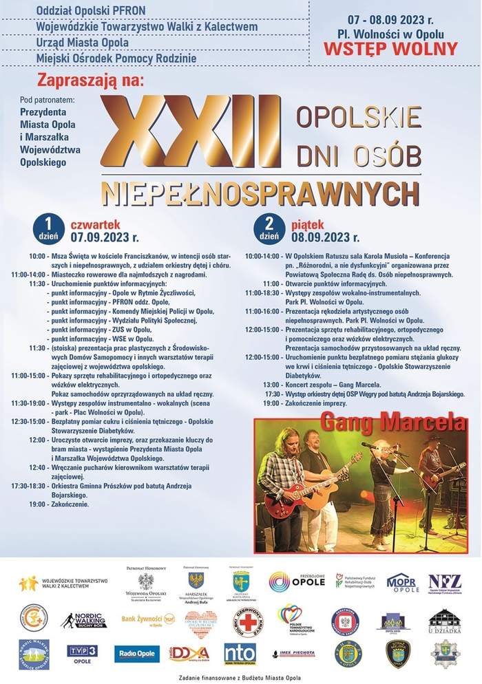 Plakat promujący XXII Opolskie Dni Osób Niepełnosprawnych, program wydarzenia opisany jest w treści komunikatu.