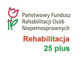 Pokaż zdjęcie: Zdjęcie jest grafiką programu. Na górze umieszczone jest logo PFRON oraz pełna nazwa: Państwowy Fundusz Rehabilitacji Osób Niepełnosprawnych. Na dole napisana jest nazwa programu: Rehabilitacja 25 plus. 