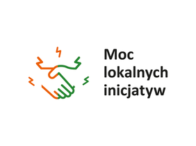 Pokaż zdjęcie: Logo konkursu "Moc lokalnych inicjatyw" zawierające napis o tej treści i złączone dłonie w kolorze zielonym i czerwonym