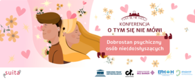 Pokaż zdjęcie: Plakat w kolorze pastelowego różu, promujący konferencję i przedstawia na środku graficzne postacie: chłopaka z krótkimi brązowymi włosami z aparatem słuchowym i dziewczynę z długimi blond włosami z implantem, zwróceni są plecami