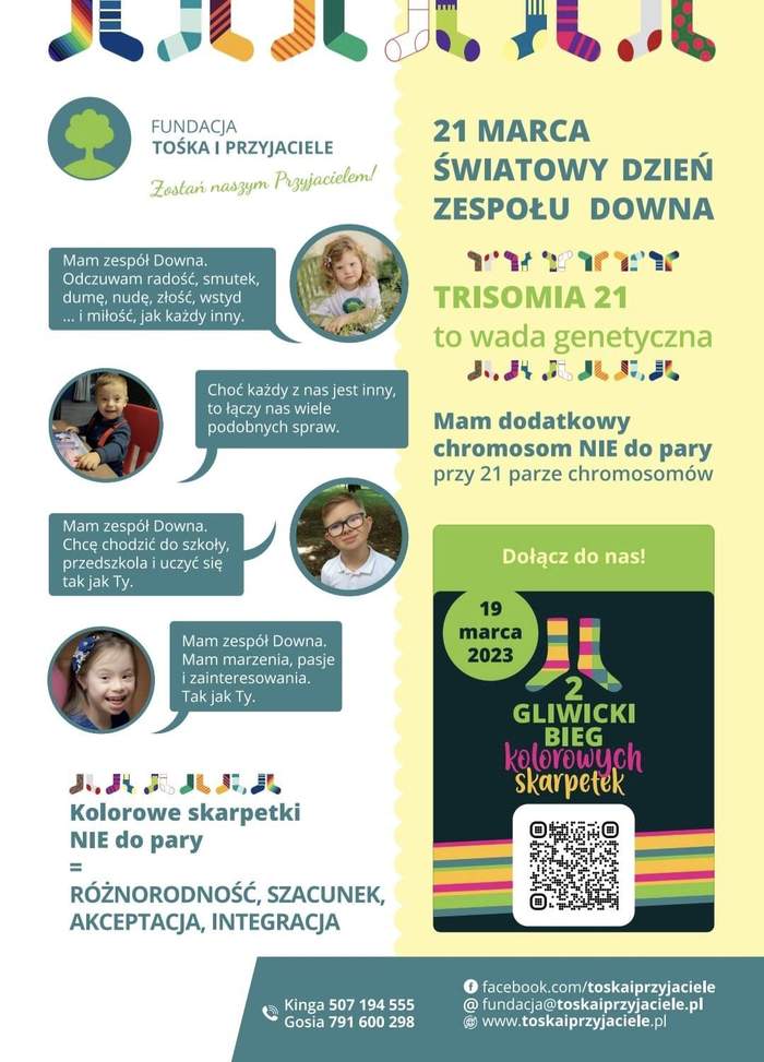 Pokaż zdjęcie: Grafika przedstawia kolorowe skarpety nie do pary, miniatury i wypowiedzi dzieci z zespołem Downa, informacje o Światowym Dniu Zespołu Downa.