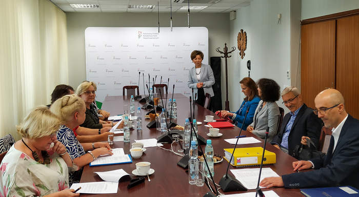 Pokaż zdjęcie: Grupa osób siedzących za stołem Konferencyjnym. Jedna kobieta stoi i przemawia. 