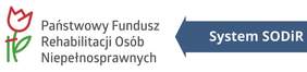 Pokaż zdjęcie: Grafika z logo Funduszu oraz napisem: ,,Państwowy Fundusz Rehabilitacji Osób Niepełnosprawnych’’. Po prawej stronie niebieska strzałka na niej: ,,System SODIR’’