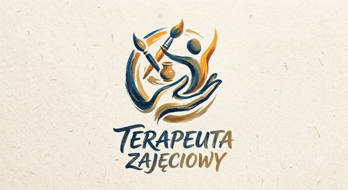 Pokaż zdjęcie: Logotyp o strukturze malarskiej przedstawiający symboliczną postać człowieka otoczoną pociągnięciami pędzla w kolorach granatowym i ugru, z widocznymi dwoma pędzlami oraz naczyniem z gliny, a poniżej napis TERAPEUTA ZAJĘCIOWY