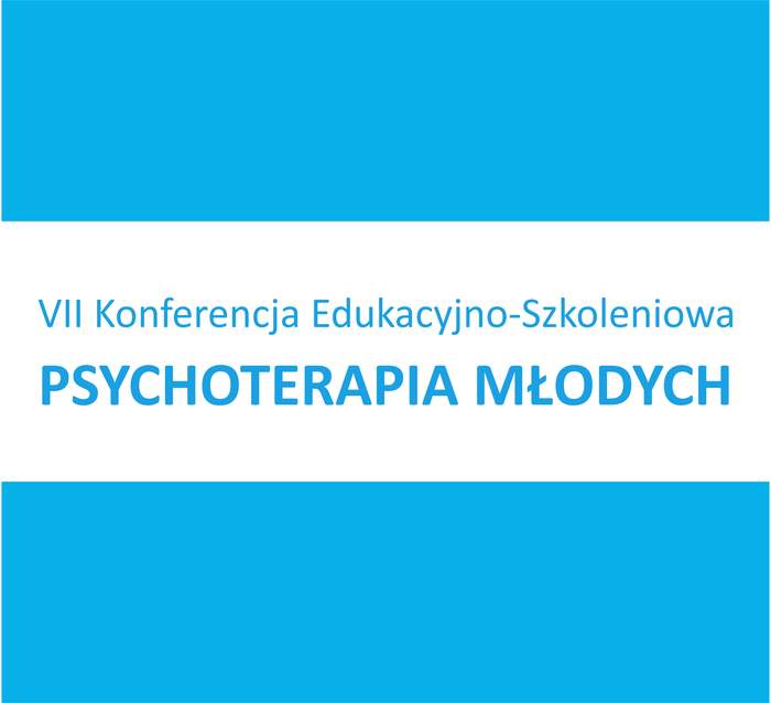 Pokaż zdjęcie: Slajd prezentacji w kolorach niebieskim i białym z napisem pośrodku. Tło slajdu jest podzielone na trzy poziome pasy: górny niebieski, środkowy biały, dolny niebieski. W białym pasie znajduje się tekst w dwóch liniach. VII Konferencja Edukacyjno-Szkoleniowa, a pod nim PSYCHOTERAPIA MŁODYCH