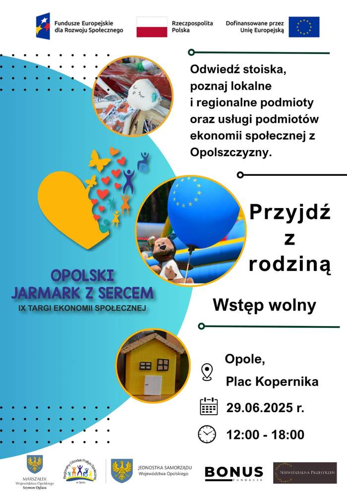 Pokaż zdjęcie: Na plakacie informacje dotyczące terminu i miejsca IX Targów Ekonomii Społecznej. Informacje z plakatu opisano w treści komunikatu. W nagłówku plakatu logotypu dotyczące finansowania projektu ze środków unijnych, w stopce logotypy organizatorów wydarzenia.