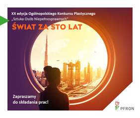 Pokaż zdjęcie: Grafika w kolorze fioletowym, z miastem w słońcu w tle, promując konkurs "Sztuka Osób Niepełnosprawnych"