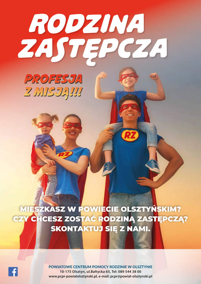 Pokaż zdjęcie: Na plakacie znajdują się cztery osoby. Na górze grafiki umieszczony jest napis: rodzina zastępcza – profesja z misją