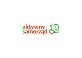 Pokaż zdjęcie: Logo programu „Aktywny samorząd” z napisem w kolorach zielonym i czerwonym oraz piktogramem osoby poruszającej się na wózku, obok symboli dostępności: ucha, oka i domu.