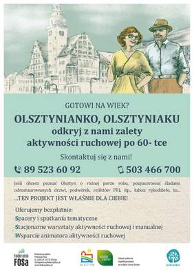 Pokaż zdjęcie: Ilustracja dwojga seniorów oraz informacje o bezpłatnych spacerach, spotkaniach i warsztatach aktywności ruchowej wraz z danymi kontaktowymi organizatora.