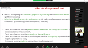 Pokaż zdjęcie: Wystąpienie „Aktywność zawodowa osób z niepełnosprawnościami – wsparcie Państwowego Funduszu Rehabilitacji Osób Niepełnosprawnych” - jeden ze slajdów prezentacji, z lewej strony miniaturki zdjęć pracowników Oddziału