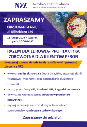 Pokaż zdjęcie: Zdjęcie jest plakatem informującym o wydarzeniu. CIDON Łódź wraz z NFZ zaprasza 18 lutego do Łódzkiego Oddziału PFRON przy ul. Kilińskiego 169 na dzień konsultacji i doradztwa dla osób z niepełnosprawnościami. 