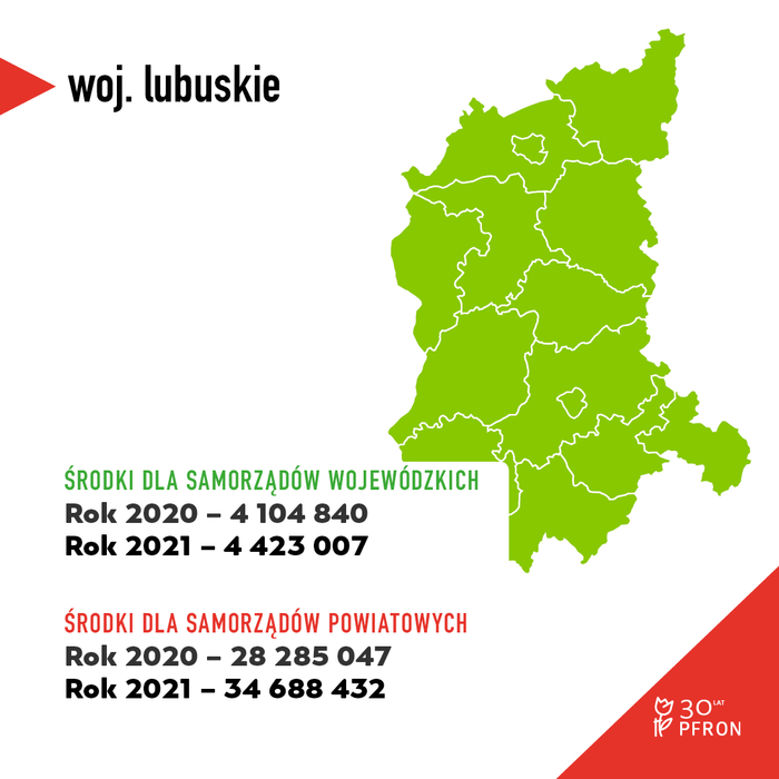 Pokaż zdjęcie: Mapa województwa lubuskiego z kwotami podziału środków PFRON na 2021 rok