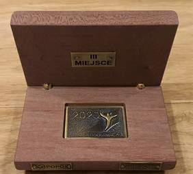 Pokaż zdjęcie: Na zdjęciu nagroda, którą otrzymała Fundacja L’Arche, Śledziejowice w Wieliczce - brązowy medal w drewnianym opakowaniu