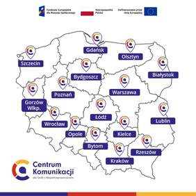 Pokaż zdjęcie: Grafika przedstawia mapę Polski z zaznaczonymi miastami, w których działają Regionalne Centra Komunikacji dla Osób z Niepełnosprawnościami. Na obszarze całego kraju oznaczono po jednym centrum w każdym województwie, co pokazuje ich równomierne rozmieszczenie.