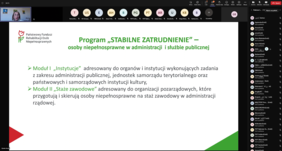 Pokaż zdjęcie: Zrzut ekranu wykonany podczas webinarium na temat programu "Stabilne zatrudnienie".