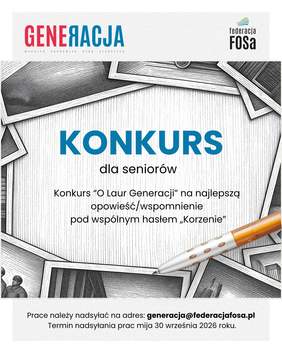Pokaż zdjęcie: Duży napis „KONKURS dla seniorów” oraz ilustracją starych fotografii i długopis
