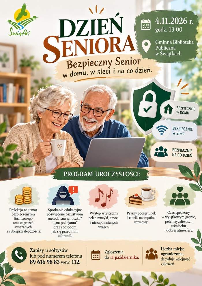 Pokaż zdjęcie: Plakat w jasnej, zielono-beżowej kolorystyce. W centrum widoczna starsza para siedząca przy stole – kobieta trzyma kubek, a mężczyzna korzysta z laptopa. Obok znajduje się zielona tarcza z symbolem kłódki oraz ilustracje przedstawiające bezpieczeństwo w domu, w sieci i na co dzień. Na górze duży napis „Dzień Seniora”.