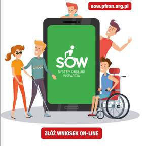 Pokaż zdjęcie: Zdjęcie jest grafiką. Na środku znajduje się telefon komórkowy, na którym figuruje napis: System Obsługi Wsparcia. Wokół telefonu są osoby z różnymi niepełnosprawnościami. 