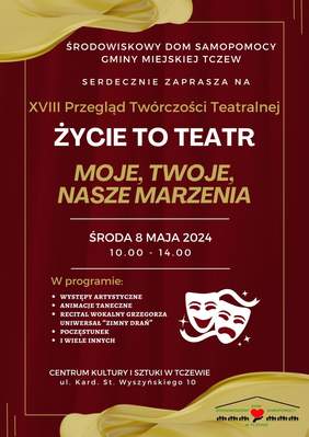 Pokaż zdjęcie: Na czerwonym tle imitującym kurtynę na górze drukowanymi nazwa organizatora, pośrodku "serdecznie zaprasza na" nazwa wydarzenia, termin, krótki program spotkania i miejsce. Na dole logo ŚDS w Tczewie. 