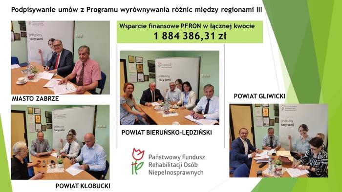 Pokaż zdjęcie: Grafika dot. podpisywania umów z programu WRR na białym tle są 4 zdjęcia z osobami podpisującymi umowy na zielonym tle wpisana kwota udzielonej pomocy 1 884 386,31