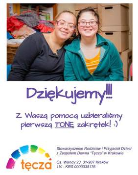 Pokaż zdjęcie: Stowarzyszenie "Tęcza" dziękuje za pomoc w zbiórce zakrętek