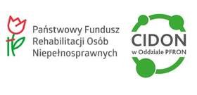 Zdjęcie jest grafiką. Po prawej stronie znajduje się logo CIDON (Centrum Informacyjno-Doradcze dla Osób z Niepełnosprawnością). Po lewej stronie umieszczone jest logo Państwowego Funduszu Rehabilitacji Osób Niepełnosprawnych. 