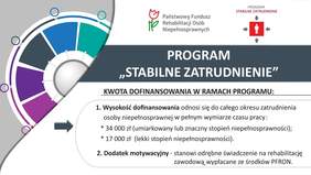Pokaż zdjęcie: W prawym górnym narożniku umieszczony został fragment dużego koła podzielonego na różnokolorowe cząstki o jednej wielkości. Poza tym na górze widnieje logo PFRON oraz programu „Stabilne Zatrudnienie”. Poniżej na szarym tle zamieszczone zostało sformułowanie: „Program Stabilne Zatrudnienie” oraz pozostałe informacje, zawarte w treści publikacji, dotyczące kwot dofinansowań w ramach programu. 