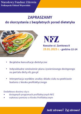 plakat wydarzenia, informacja gdzie i kiedy odbędzie się spotkanie z dietetykiem, z czego będzie można skorzystać