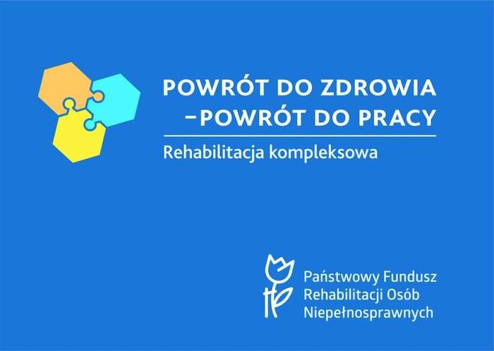 Pokaż zdjęcie:   Logo projektu "Wypracowanie i pilotażowe wdrożenie modelu kompleksowej rehabilitacji umożliwiającej podjęcie lub powrót do pracy" w kolorze niebieskim z białymi napisami 