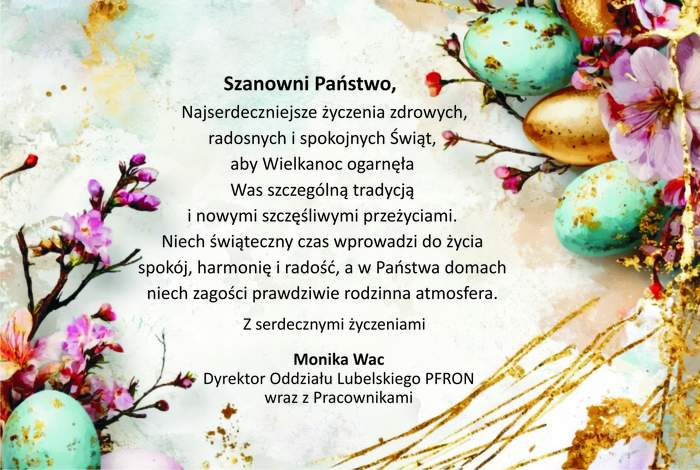 Pokaż zdjęcie: Tekst alternatywy: Kartka wielkanocna z pastelowym tłem i kwiatowo świąteczną dekoracją. Po lewej stronie znajdują się gałązki z różowymi kwiatami, a po prawej kolorowe pisanki – turkusowe, złote i zielone – ozdobione złotymi akcentami. W centralnej części umieszczony jest tekst życzeń.