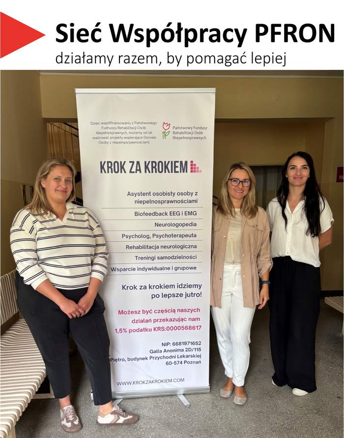 Pokaż zdjęcie: Zdjęcie przedstawia trzy kobiety stojące w pomieszczeniu biurowym po bokach pionowego plakatu. Nad nimi znajduje się poziomy baner z napisem „Sieć Współpracy PFRON działamy razem, by pomagać lepiej”. Na środku stoi roll-up z logotypem Państwowego Funduszu Rehabilitacji Osób Niepełnosprawnych oraz nazwą „KROK ZA KROKIEM”. Na roll-upie widoczne są wypisane usługi: asystent osobisty osoby z niepełnosprawnościami, biofeedback EEG i EMG, neurologopedia, rehabilitacja neurologiczna, trening samodzielności oraz wsparcie indywidualne i grupowe.