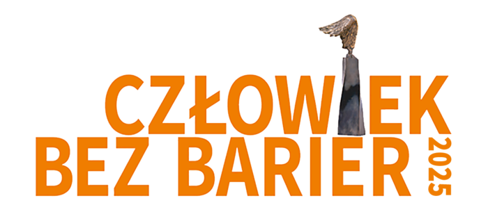 Pokaż zdjęcie: Logo z napisem „CZŁOWIEK BEZ BARIER 2023” obok którego znajduje się czarna sylwetka statuetki z uniesioną ręką.