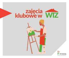 Pokaż zdjęcie: Grafika z napisem Zajęcia klubowe w WTZ. Pod napisem rysunek osoby z protezą nogi. Osoba maluje farbami na płótnie.