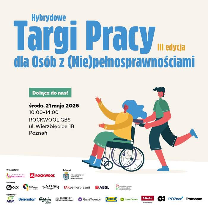 Pokaż zdjęcie: Od góry: informacje o Targach Pracy dla Osób z Niepełnosprawnościami zawarte w publikacji. Nieco niżej grafika: biegnący mężczyzna prowadzący kobietę na wózku, która ma uniesione ręce. Na dole logotypy organizatorów, wystawców i partnerów wydarzenia.