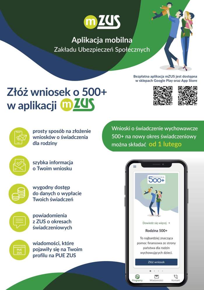 Pokaż zdjęcie: Grafika ZUS w kolorze zielonym promująca elektroniczny nabór wniosków 500+