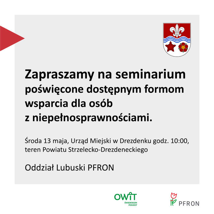 Pokaż zdjęcie: Grafika z logo PFRON, OWiT oraz herbem Powiatu, która jest wypełniona treścią informacyjną dotyczącą spotkania