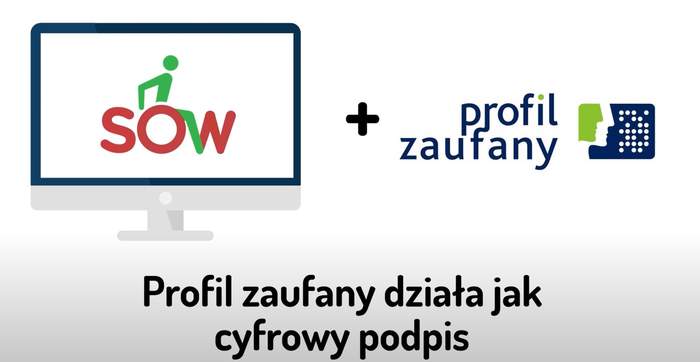 grafika na której widać piktogram komputera, w który wpisane jest logo SOW. Logo Systemu Obsługi Wsparcia to trzy litery SOW, a na literze O jest grafika osoby siedzącej na wózku. Litera o stanowi koło wózka. Dalej na grafice jest znak plus oraz tekst profil zaufany. Poniżej tekst profil zaufany działa jak cyfrowy podpis.