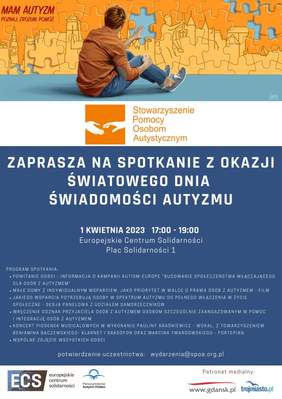 Pokaż zdjęcie: U góry grafika chłopca układającego puzzle na ścianie w lewym rogu napis mam autyzm, poznaj zrozum, pomóż, pod spodem na białym tle napis Stowarzyszenie pomocy Osobom Autystycznym pod nim na niebieskim tle tekst zaroszenia i program spotkania.