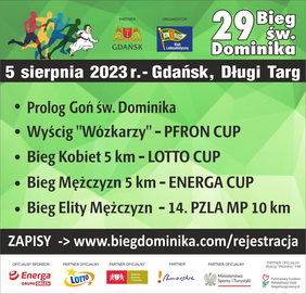 Pokaż zdjęcie: Plakat z napisem 29 Bieg św. Dominika, 5 sierpnia – Gdańsk Długi Targ, wymienione wszystkie dyscypliny w programie, adres strony do zapisów. Pod spodem loga sponsorów partnerów oficjalnych w tym logo PFRON.