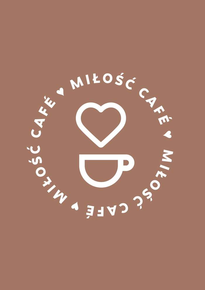 Brązowe tło, , napis tworzący koło Miłość Cafe, w środku koła filiżanka, nad którą jest serce