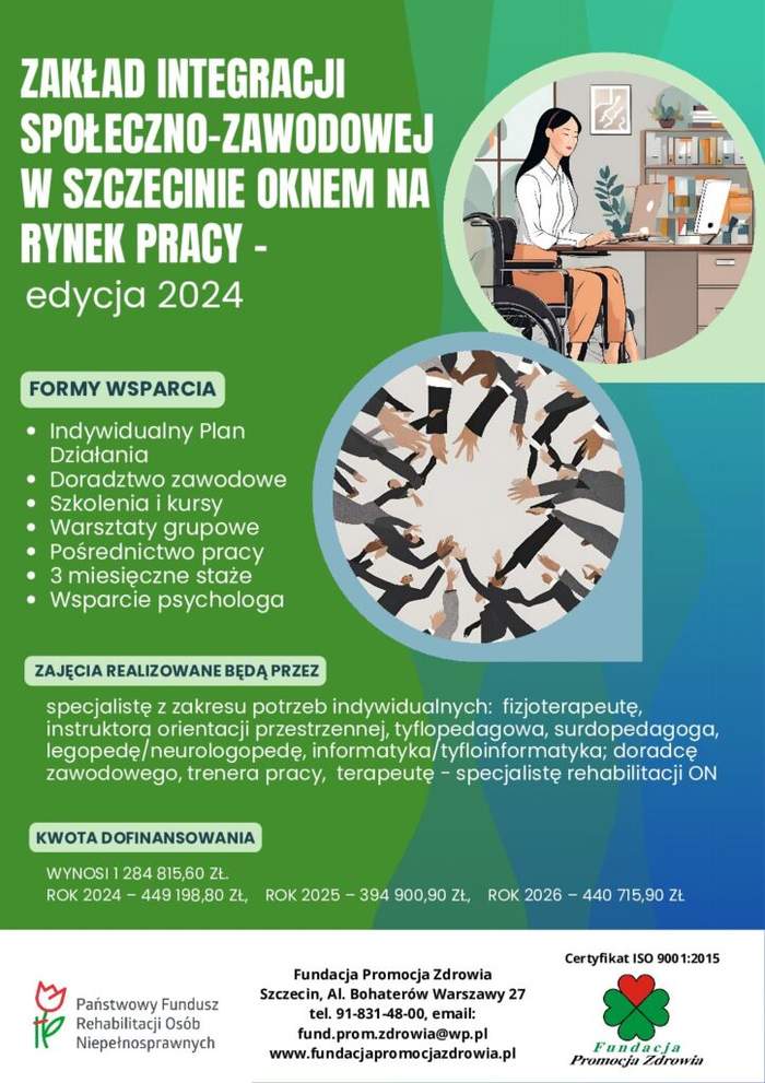 Pokaż zdjęcie: Plakat informacyjny zawierający treść z komunikatu w kolorach niebiskim i zielonym. Grafika wskazująca osobę na wózku przy biurku w biurze. 