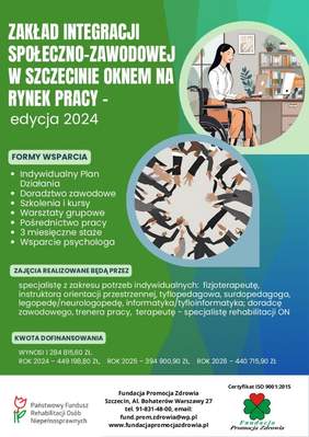 Pokaż zdjęcie: Plakat informacyjny zawierający treść z komunikatu w kolorach niebiskim i zielonym. Grafika wskazująca osobę na wózku przy biurku w biurze. 