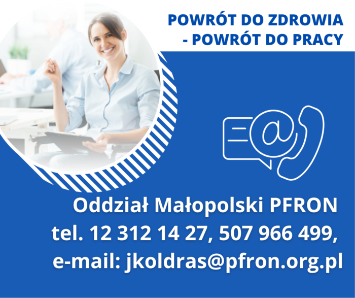 Pokaż zdjęcie: Niebiesko-biała wizytówka z adresem i numerem telefonu do Oddziału Małopolskiego PFRON