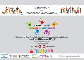 Pokaż zdjęcie: Plakat informuje o Giełdzie Pracy dla Osób z Niepełnosprawnością, termin i adres. Grafiki przedstawiają osoby z niepełnosprawnościami. Na dole loga patronów medialnych oraz informacja o realizacji projektu ze środków PFRON.