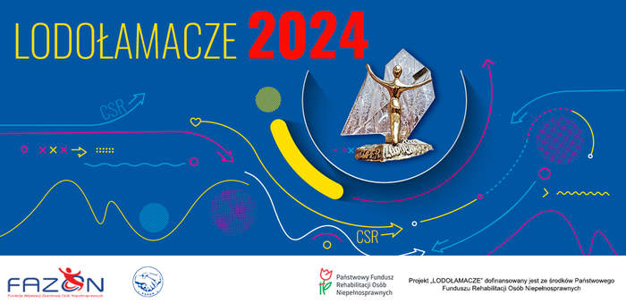 Pokaż zdjęcie: Duży napis żółtą czcionką lodołamacze, obok czerwoną czcionką 2024, po środku zdjęcie statuetki złotej z rozłożonymi rękami. W tle kolorowe strzałki i inne różne wzory. Na dole na białym pasku logo FAZON, POPON i PFRON