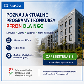 Pokaż zdjęcie: Grafika informująca o spotkaniu dla NGO. Niebieskie tło, po prawej stronie widoczny zarys budynku, po lewej informacje dotyczące spotkania.