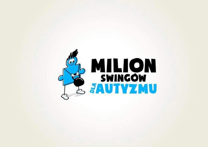 Pokaż zdjęcie: Tekst "milion swingów dla autyzmu" w kolorze czarnym i niebieskim oraz postać w kolorze niebieskim w z kulą w kolorze czarrnym w rękach
