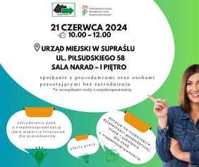 Pokaż zdjęcie: Plakat promujący spotkanie z pracodawcami oraz z osobami pozostającymi bez zatrudnienia, a w szczególności osób z niepełnosprawnością zorganizowane przez Urząd Pracy i Państwowy Fundusz Rehabilitacji Osób Niepełnosprawnych.