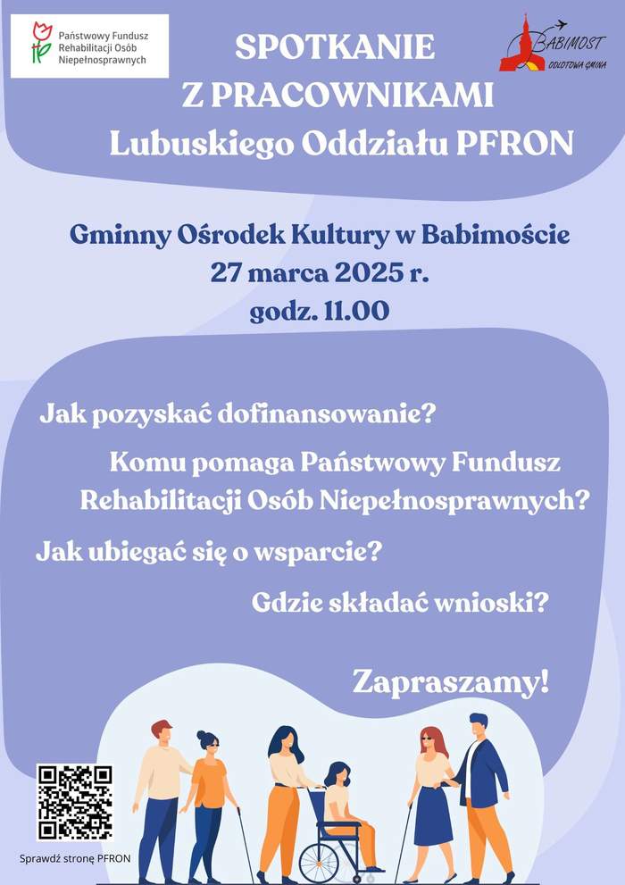 Pokaż zdjęcie: Plakat w kolorze fioletowym z białymi napisami dotycząceymi pytań do PFRON, a takze kod QR i logo Gminy Babimost